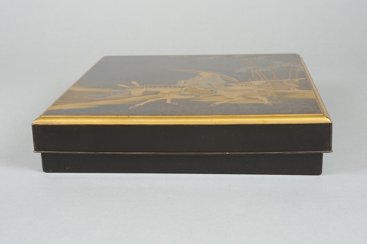 Writing Box (Suzuribako) with Chinese Poet Su Dongpo and Attendant, Lacquered wood with gold, silver, and red togidashimaki-e, Japan