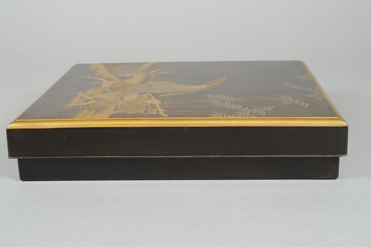 Writing Box (Suzuribako) with Chinese Poet Su Dongpo and Attendant, Lacquered wood with gold, silver, and red togidashimaki-e, Japan
