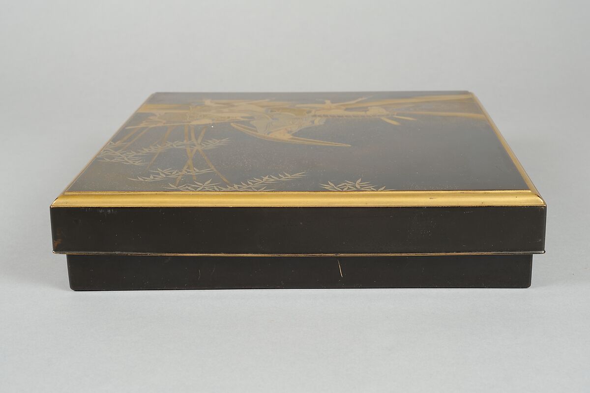 Writing Box (Suzuribako) with Chinese Poet Su Dongpo and Attendant, Lacquered wood with gold, silver, and red togidashimaki-e, Japan