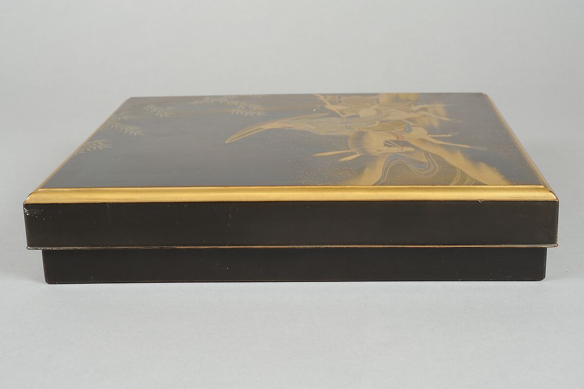 Writing Box (Suzuribako) with Chinese Poet Su Dongpo and Attendant, Lacquered wood with gold, silver, and red togidashimaki-e, Japan