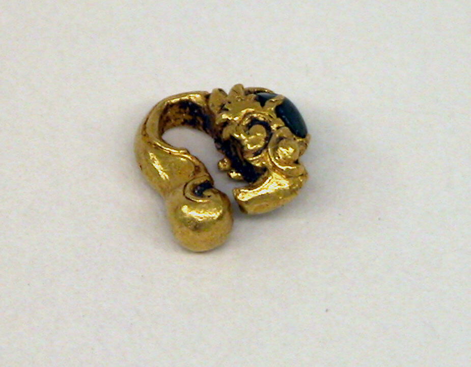 Pair of Ear Ornaments with Green Stones, Gold with green stones, Indonesia (Java)