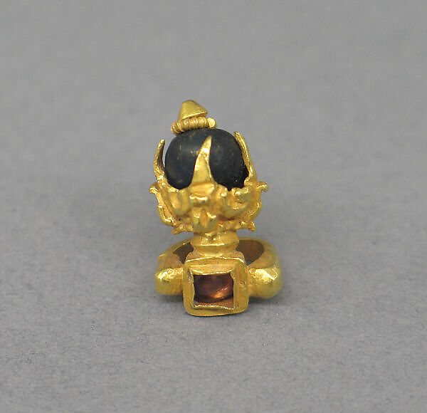 Pair of Ear Clips with Blue Bead and Red Stone, Gold, Indonesia (Java)