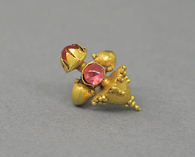 Pair of Ear Clips with Pale Red Stones and Granulate Design, Gold, Indonesia (Java)