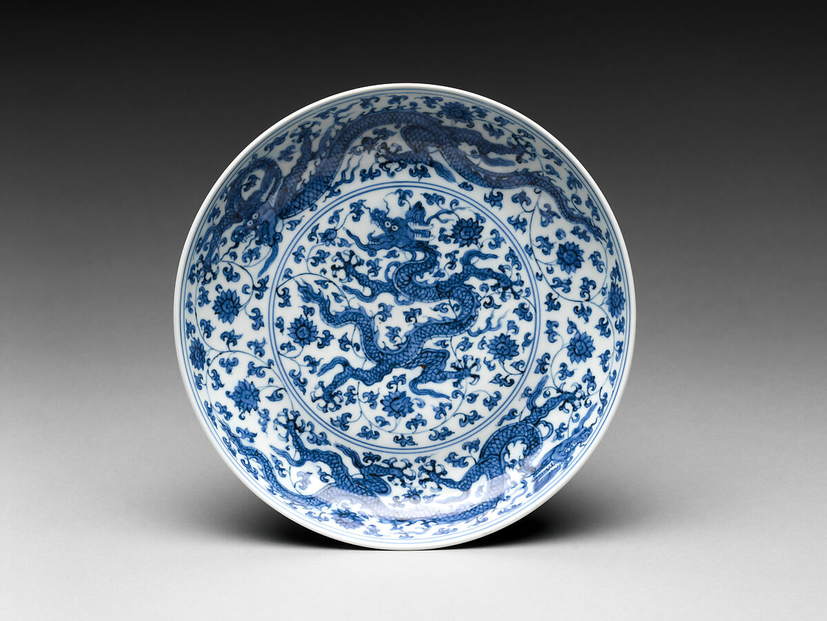 Dish with Dragons and Lotuses, Porcelain painted with cobalt blue under transparent glaze (Jingdezhen ware), China 