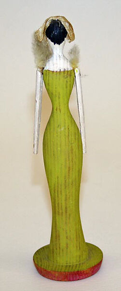 Doll, Lotti Hahn, Painted wood and paper, feathers, textile