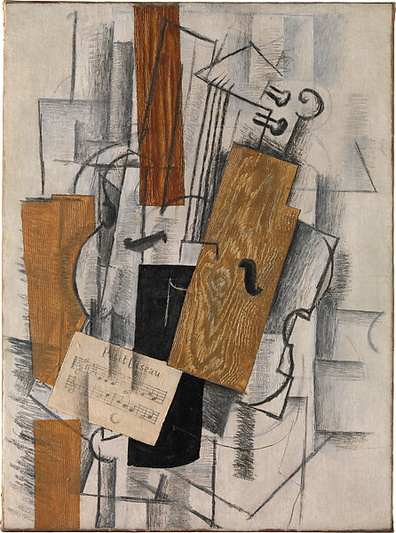 Violin and Sheet Music: "Petit Oiseau", Georges Braque (French, Argenteuil 1882–1963 Paris), Oil and charcoal on canvas 