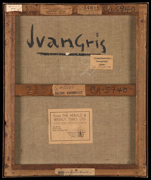 Cup, Glasses, and Bottle (Le Journal), Juan Gris (Spanish, Madrid 1887–1927 Boulogne-sur-Seine), Conté crayon, gouache, oil, cut-and-pasted newspaper, white laid paper, printed wallpaper (three types), selectively varnished; adhered overall onto a sheet of newspaper, mounted to primed canvas