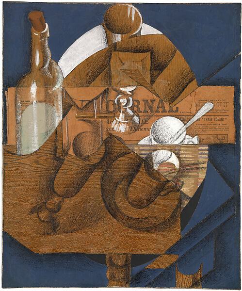 Cup, Glasses, and Bottle (Le Journal), Juan Gris (Spanish, Madrid 1887–1927 Boulogne-sur-Seine), Conté crayon, gouache, oil, cut-and-pasted newspaper, white laid paper, printed wallpaper (three types), selectively varnished; adhered overall onto a sheet of newspaper, mounted to primed canvas 