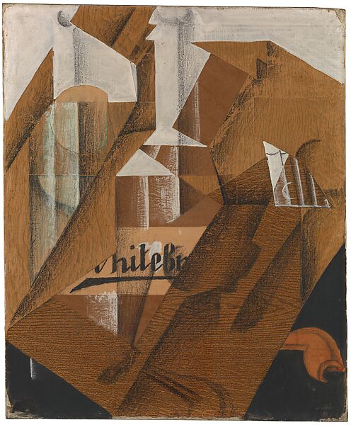 The Bottle, Juan Gris (Spanish, Madrid 1887–1927 Boulogne-sur-Seine), Conté crayon, wax crayon, gouache, watercolor, cut-and-pasted newspaper, printed wallpaper (two types), white, brown, and tan wove cut papers; adhered overall onto newspaper, mounted to primed canvas 