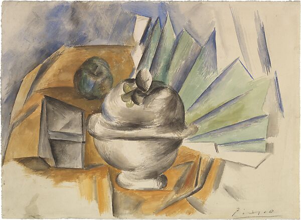Sugar Bowl and Fan, Pablo Picasso  Spanish, Watercolor on white laid paper