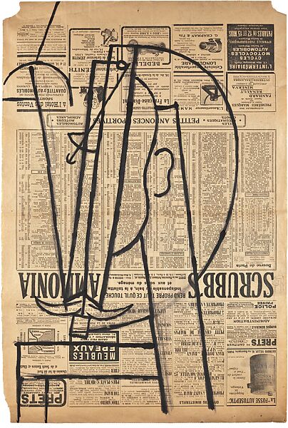 Head of a Man with a Mustache, Pablo Picasso (Spanish, Malaga 1881–1973 Mougins, France), Ink, charcoal, and graphite on newspaper 