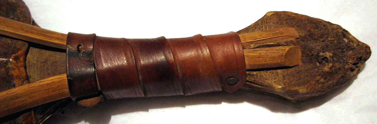 Kanyáhte’ ká’nowa’ (Snapping turtle rattle) or Kastáwēˀshæˀ  (Ga-Nó-Wa Gustáh), Shell, wood, cherry pits?, leather, Native American (Iroquois)