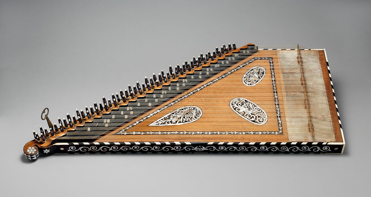 Qānūn, Wood; parchment; gut strings; mother-of-pearl, ivory, bone, ebony inlay; shells; gold foil; metal; brass, Turkish