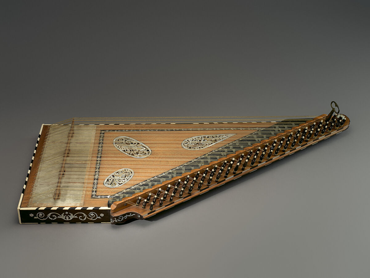 Qānūn, Wood; parchment; gut strings; mother-of-pearl, ivory, bone, ebony inlay; shells; gold foil; metal; brass, Turkish 