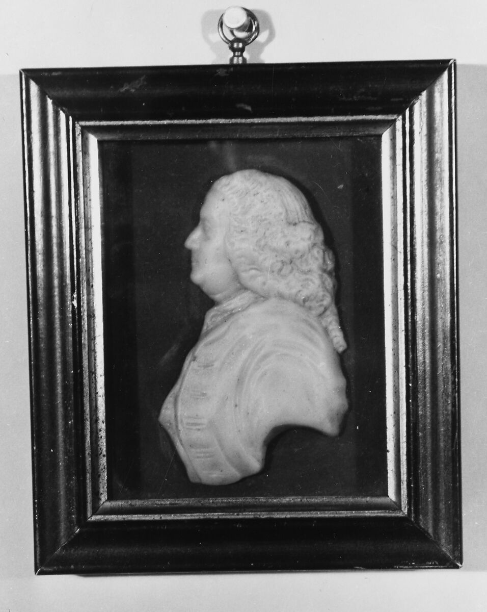 Profile Bust of Benjamin Franklin, Attributed to Patience Wright (1725–1786), Wax, glass, wood, paper 
