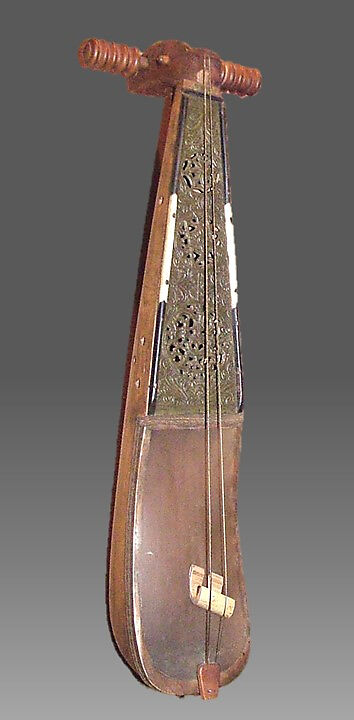 Rebāb, wood, brass, mother-of-pearl, gut, leather, bone, lace, Possibly Algerian 
