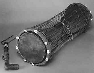 Variable Tension Drum, Wood, hide, fabric, shell., possibly Sudanese