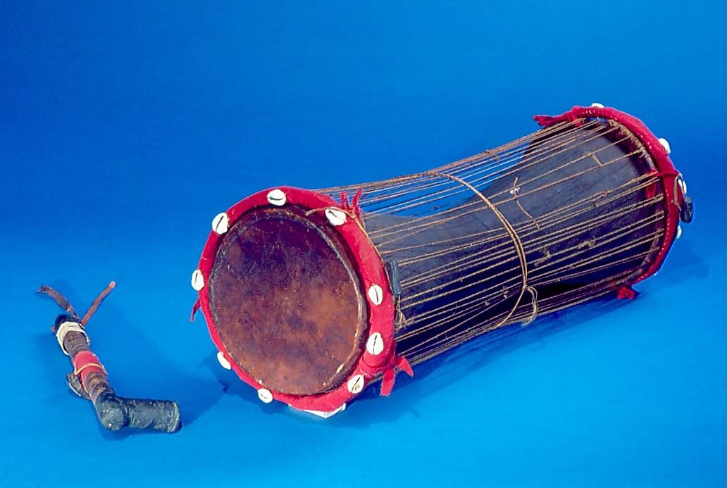 Variable Tension Drum, Wood, hide, fabric, shell., possibly Sudanese 