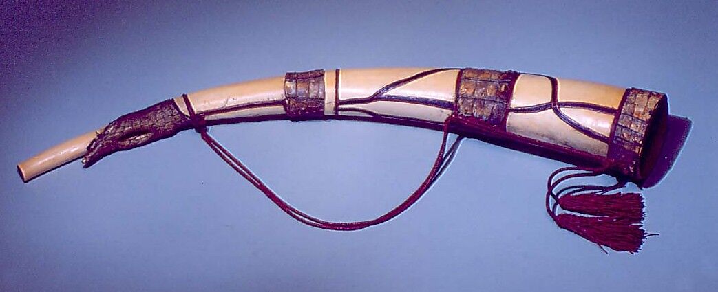 Horn, Ivory, leather, reptile skin, possibly Congolese 