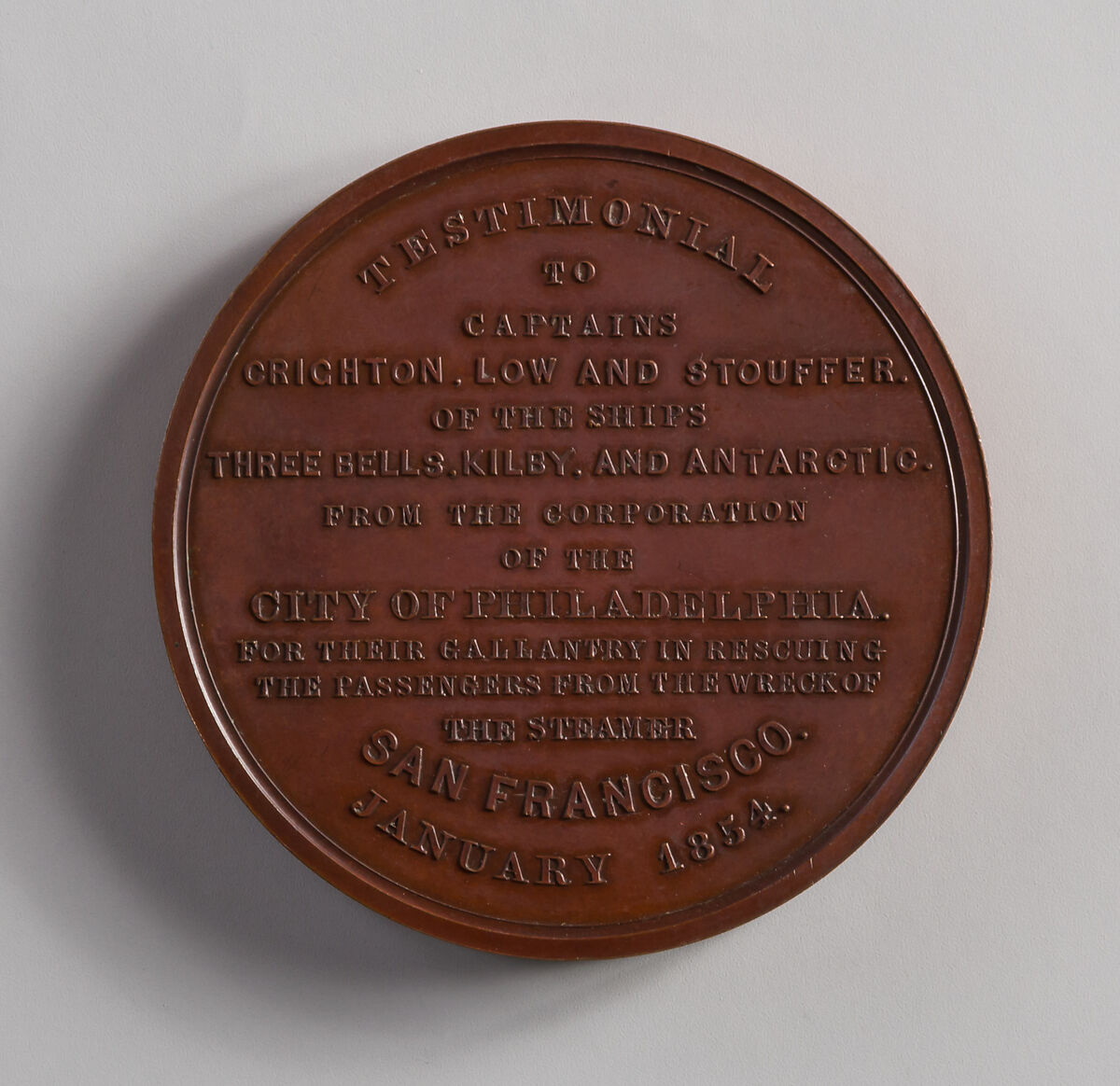 Medal Awarded to Captains Low, Crighton, and Stougger, Bronze