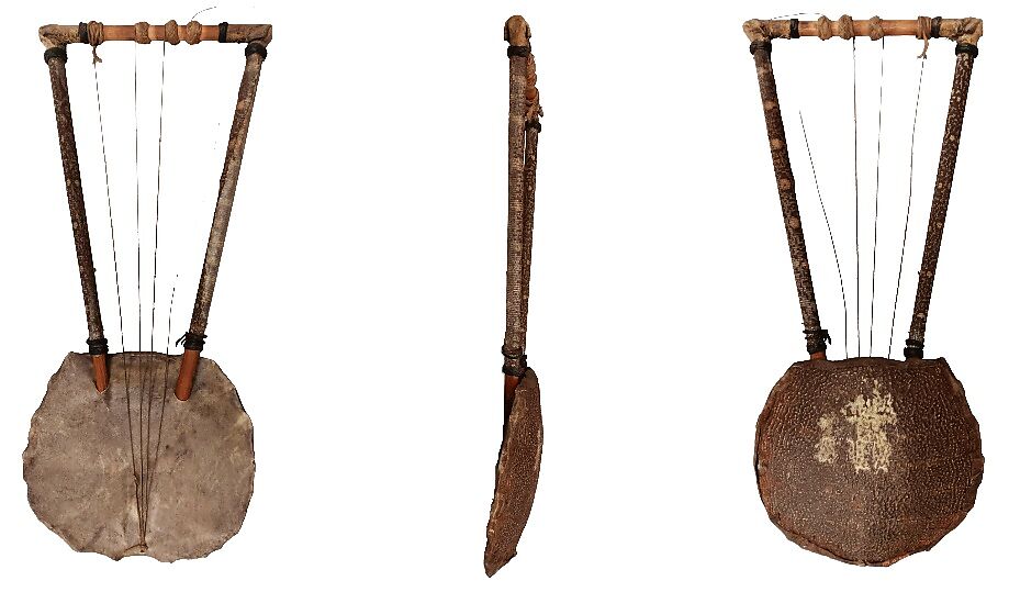 Bowl Lyre, Tortoiseshell, skin, wood, leather, probably Ethiopian