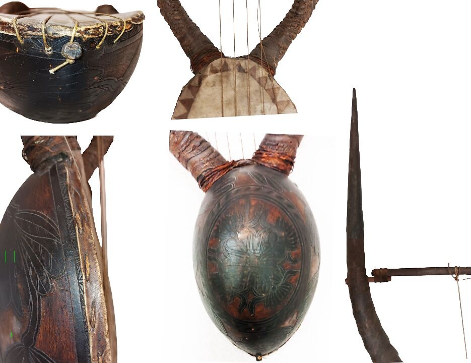 Lyre, Gourd, antelope horns, wood, skin, East African