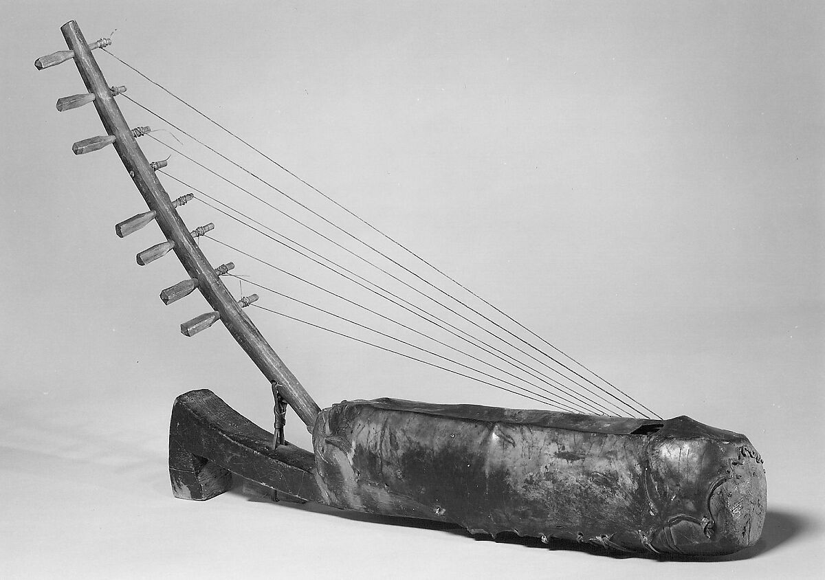 Arched Harp, Wood, skin, gut, fiber, possibly Fang people 