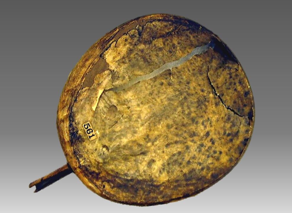 Kelyaut (frame drum), Northern Alaskan Eskimo; Family: Eskimavan, Willow wood, various materials, Native American (Inuit,   Iñupiaq probably) 