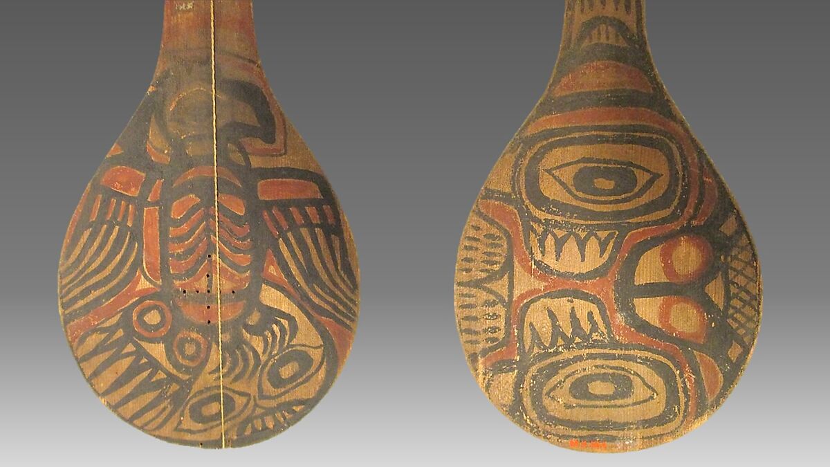 Lute, Wood, sinew, polychrome, Native American (Yakutat)