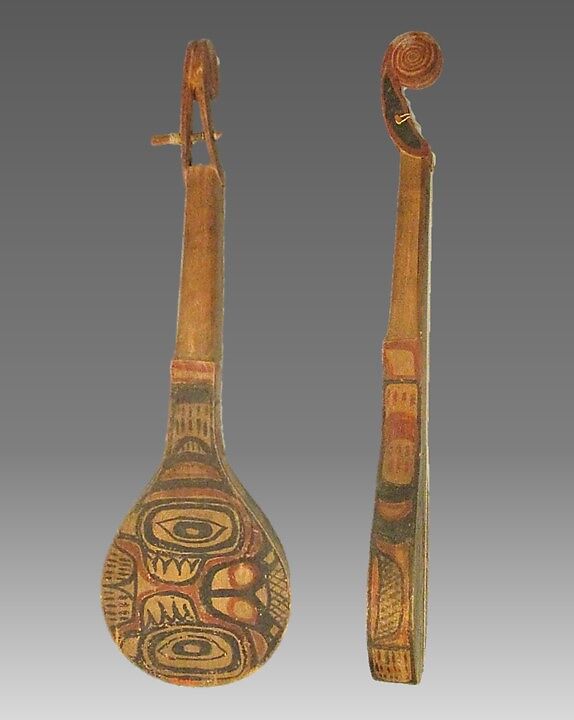Lute, Wood, sinew, polychrome, Native American (Yakutat)