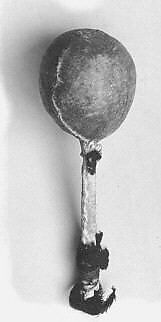 Rattle, Rawhide, wood, red flannel, sinew, pebbles or pellets, Native American (Arapaho, probably)