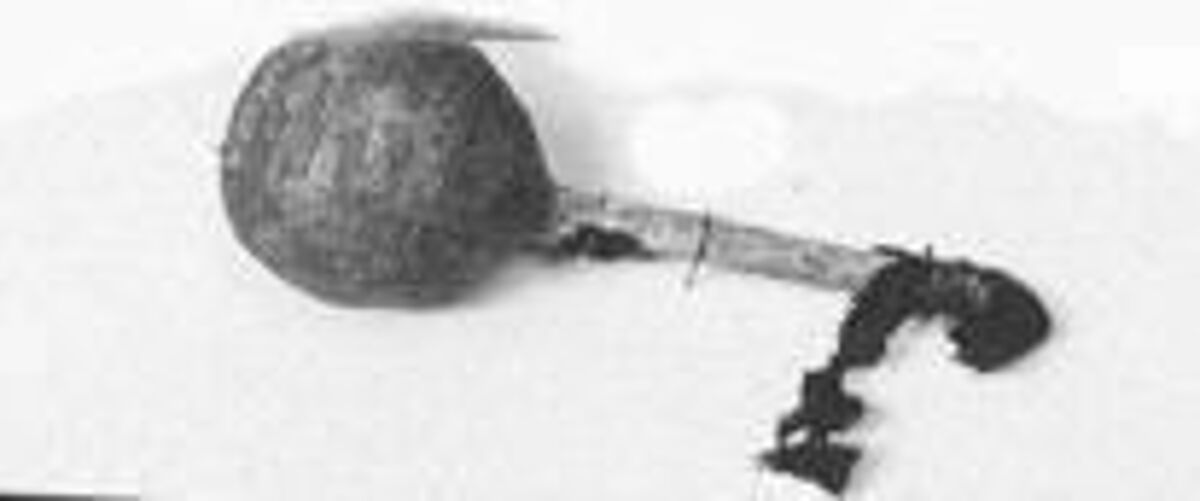 Rattle, Rawhide, wood, red flannel, sinew, pebbles or pellets, Native American (Arapaho, probably)