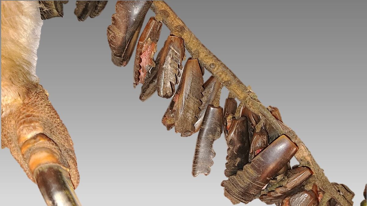 Dew Claw Strung Rattle, Dewclaws, leather, rawhide, brass, eagle's claw and feathers, deer's tail, Native American (Osage, Wazhazhe)