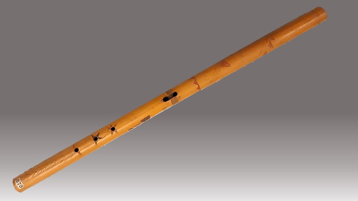 Mystery Flute (Tohono O'odham style), Cane, red and blue stain, Native American (Apache) 