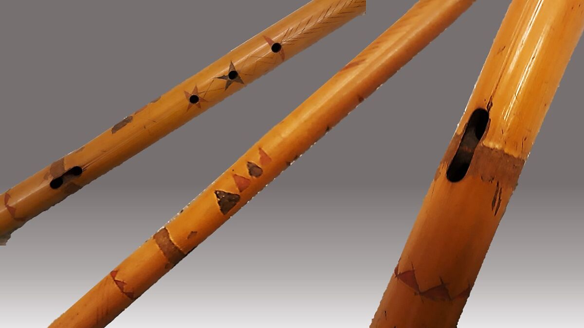 Mystery Flute (Tohono O'odham style), Cane, red and blue stain, Native American (Apache)