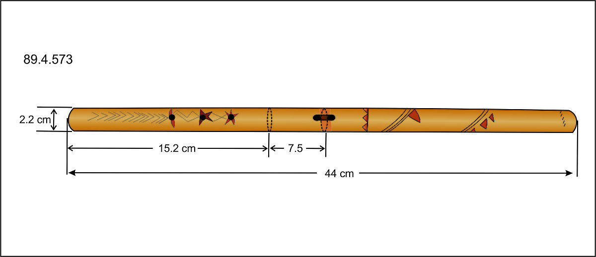Mystery Flute (Tohono O'odham style), Cane, red and blue stain, Native American (Apache)