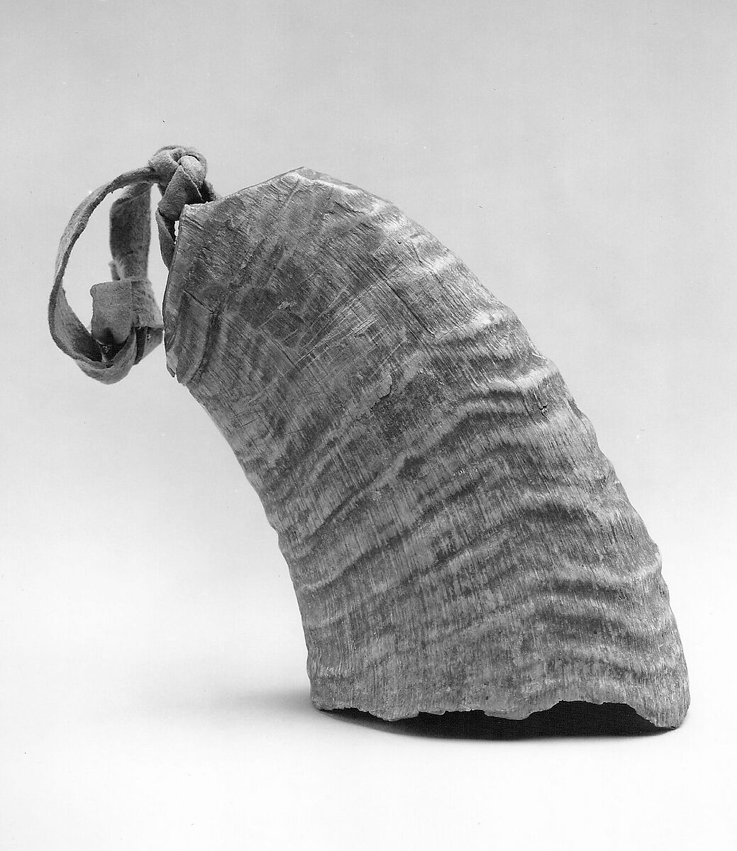 Bell, Rocky Mountain sheep horn, rawhide, stone, Native American (Moqui)