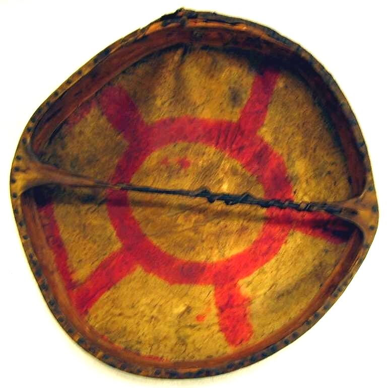 Frame Drum, Cedar (?) wood, buffalo or deerskin, iron nails, cord, Native American (Flathead)