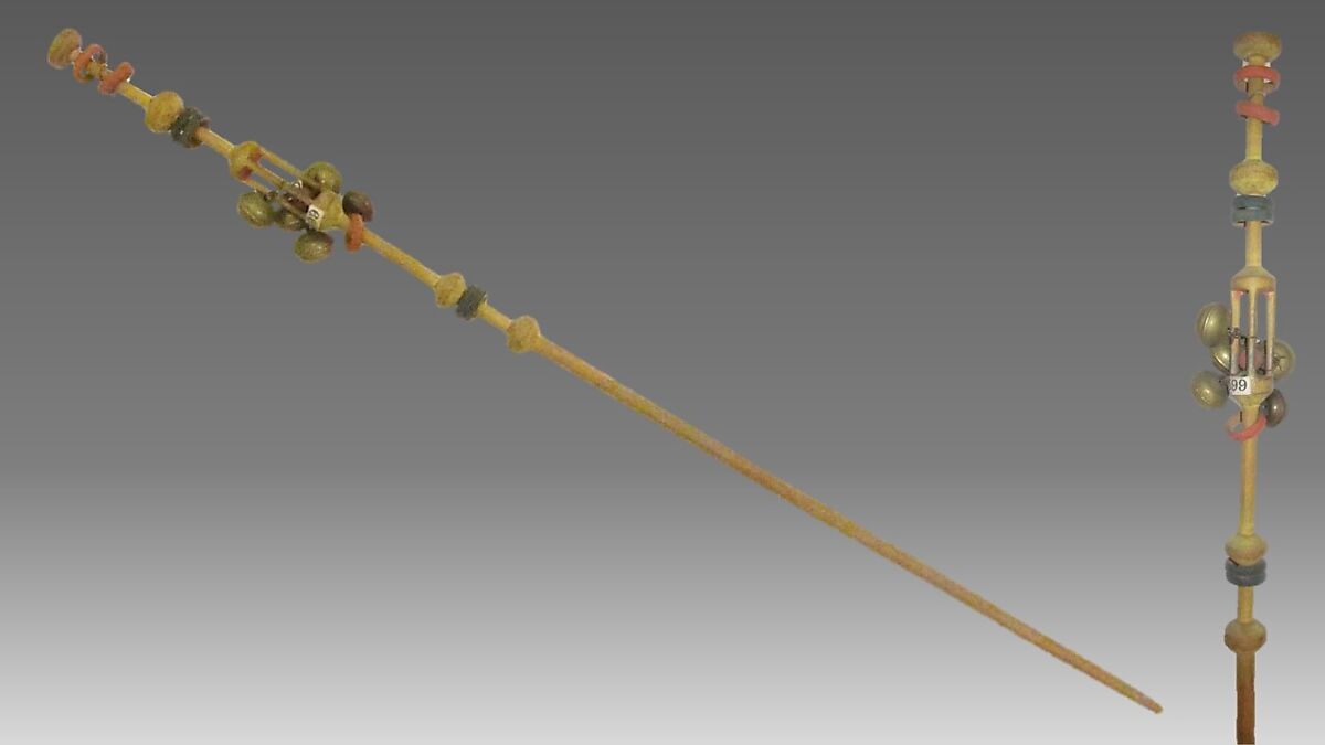 Maza-Rhda-Rhda-Hda-Hda (stick rattle), Wood, brass, copper wire, Native American (Sioux) 