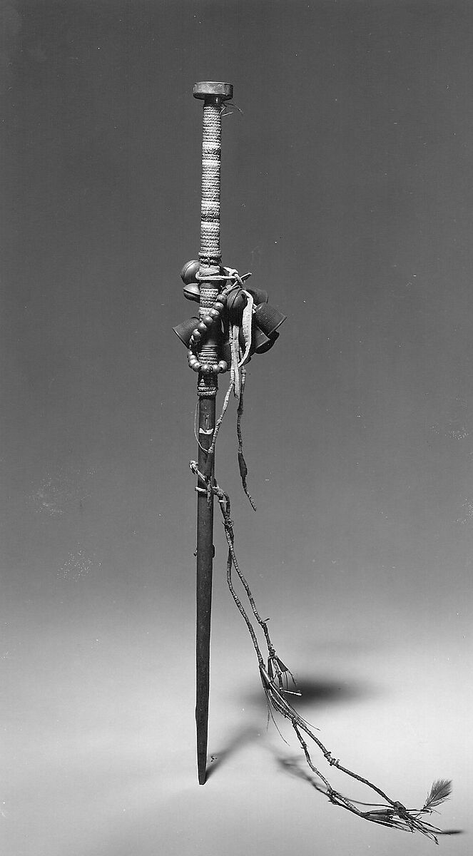 Napo-Shampidah-Hah (stick rattle), wood, porcupine quills, tin, brass, feathers, rawhide, Native American (Sioux or Dakota)