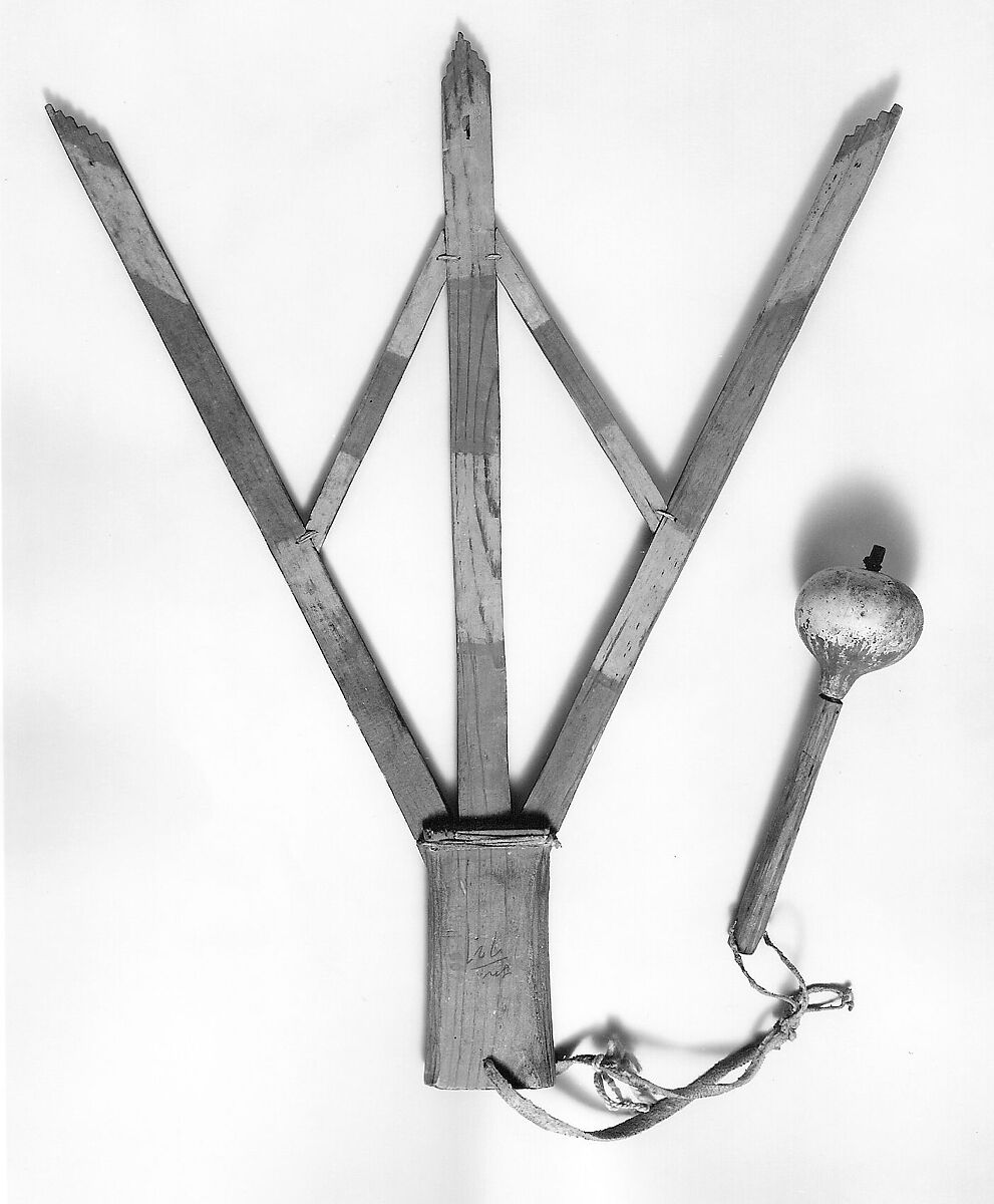 Trident (palmas) and Rattle, Wood, gourd, rawhide, sinew, pebbles, Native American (Hopi probably, Pueblo)
