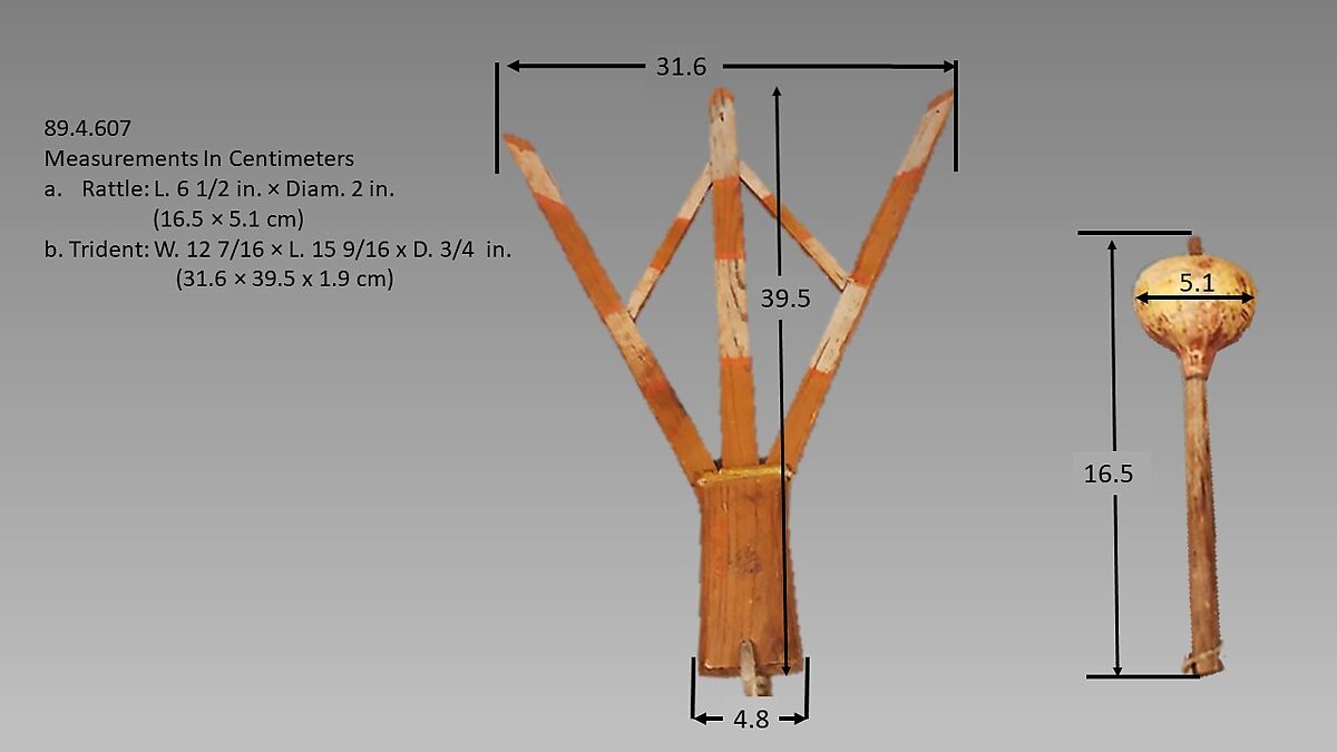 Trident (palmas) and Rattle, Wood, gourd, rawhide, sinew, pebbles, Native American (Hopi probably, Pueblo)