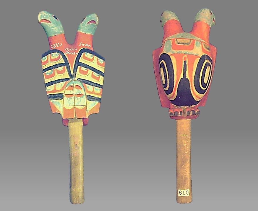 Cecoq (rattle), wood, polychrome, pebbles, Native American (Tlinkit or Haida) 