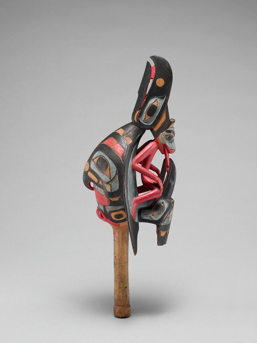 Raven rattle, Cedar, pebbles, polychrome, Native American (Tsimshian) 