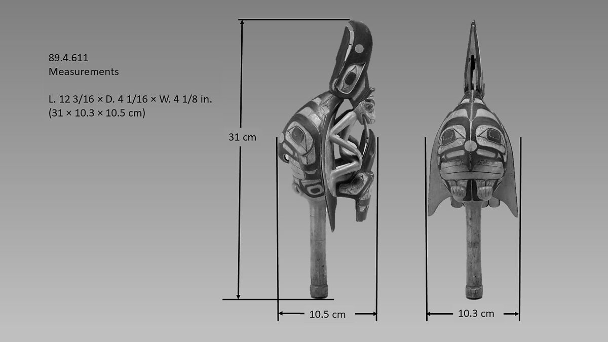 Raven rattle, Cedar, pebbles, polychrome, Native American (Tsimshian)