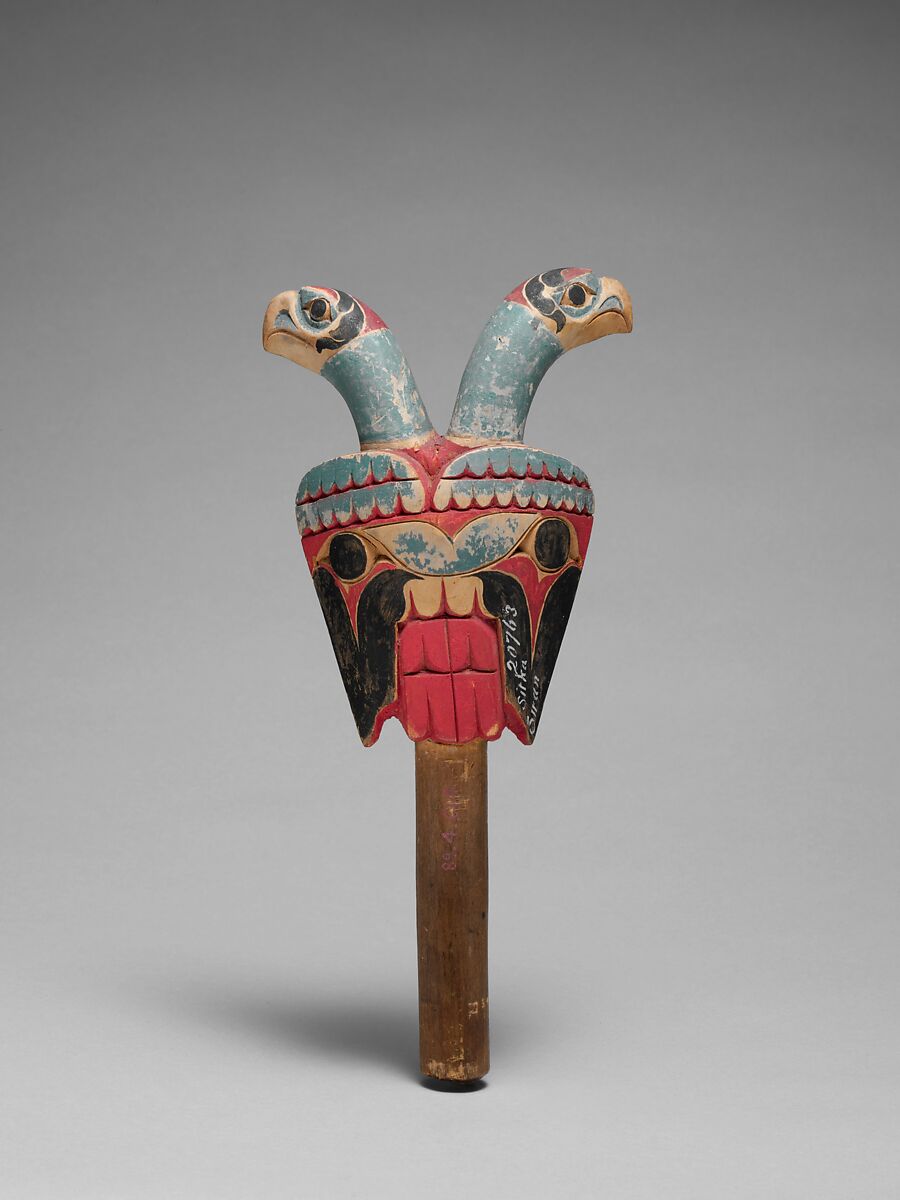 Rattle, Wood, polychrome, pebbles, Native American (Tlingit)