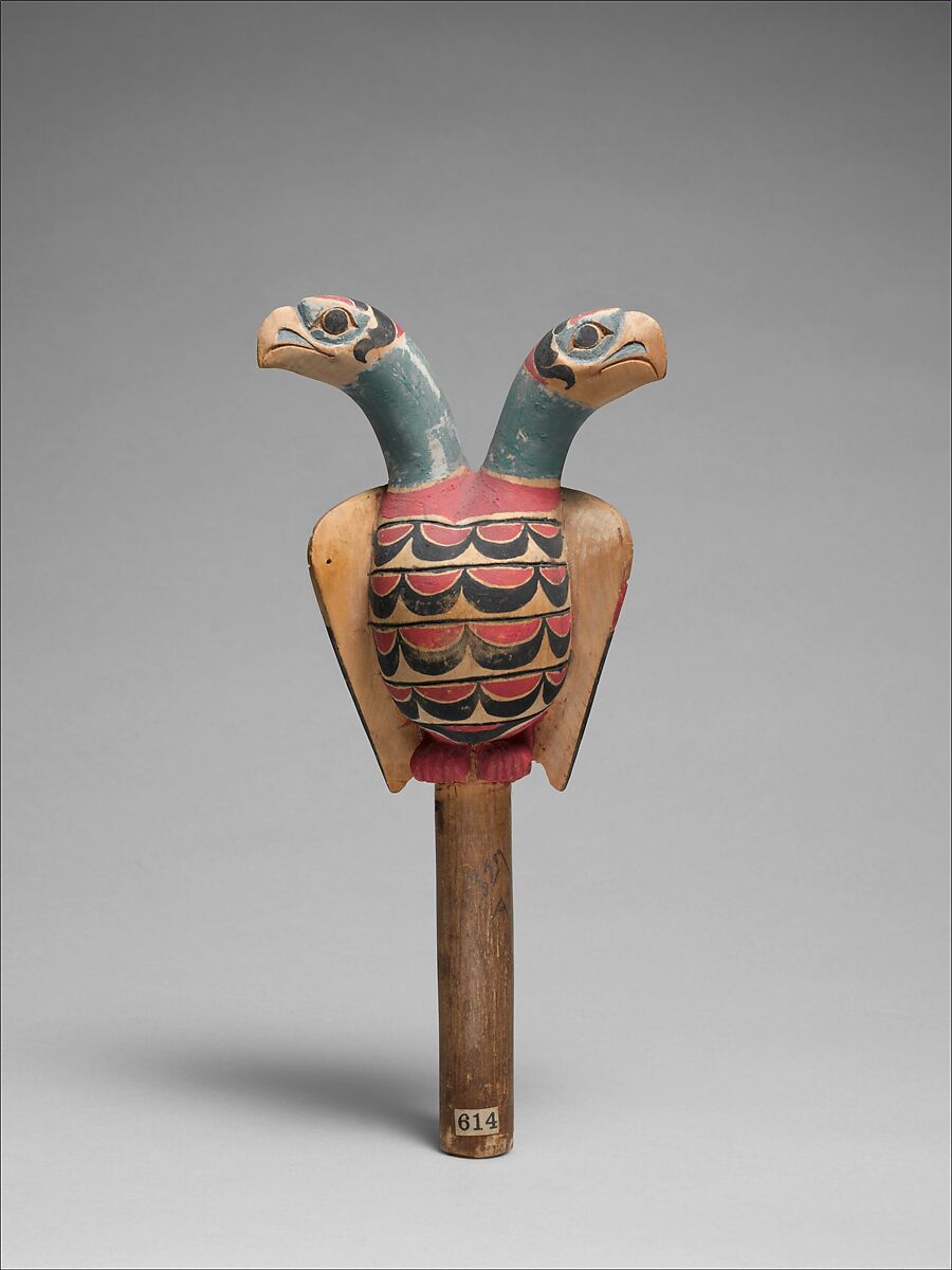 Rattle, Wood, polychrome, pebbles, Native American (Tlingit) 