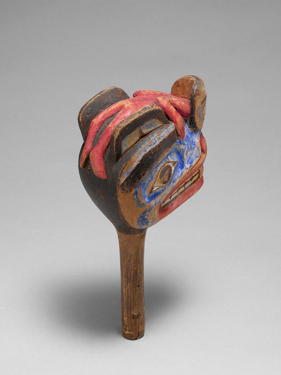 Rattle, Wood, pebbles, polychrome, Native American (Skittagetan or Haida)