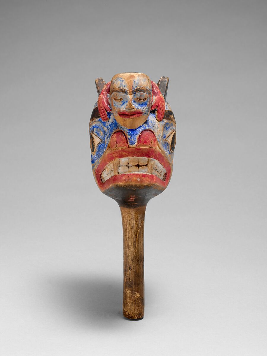 Rattle, Wood, pebbles, polychrome, Native American (Skittagetan or Haida)