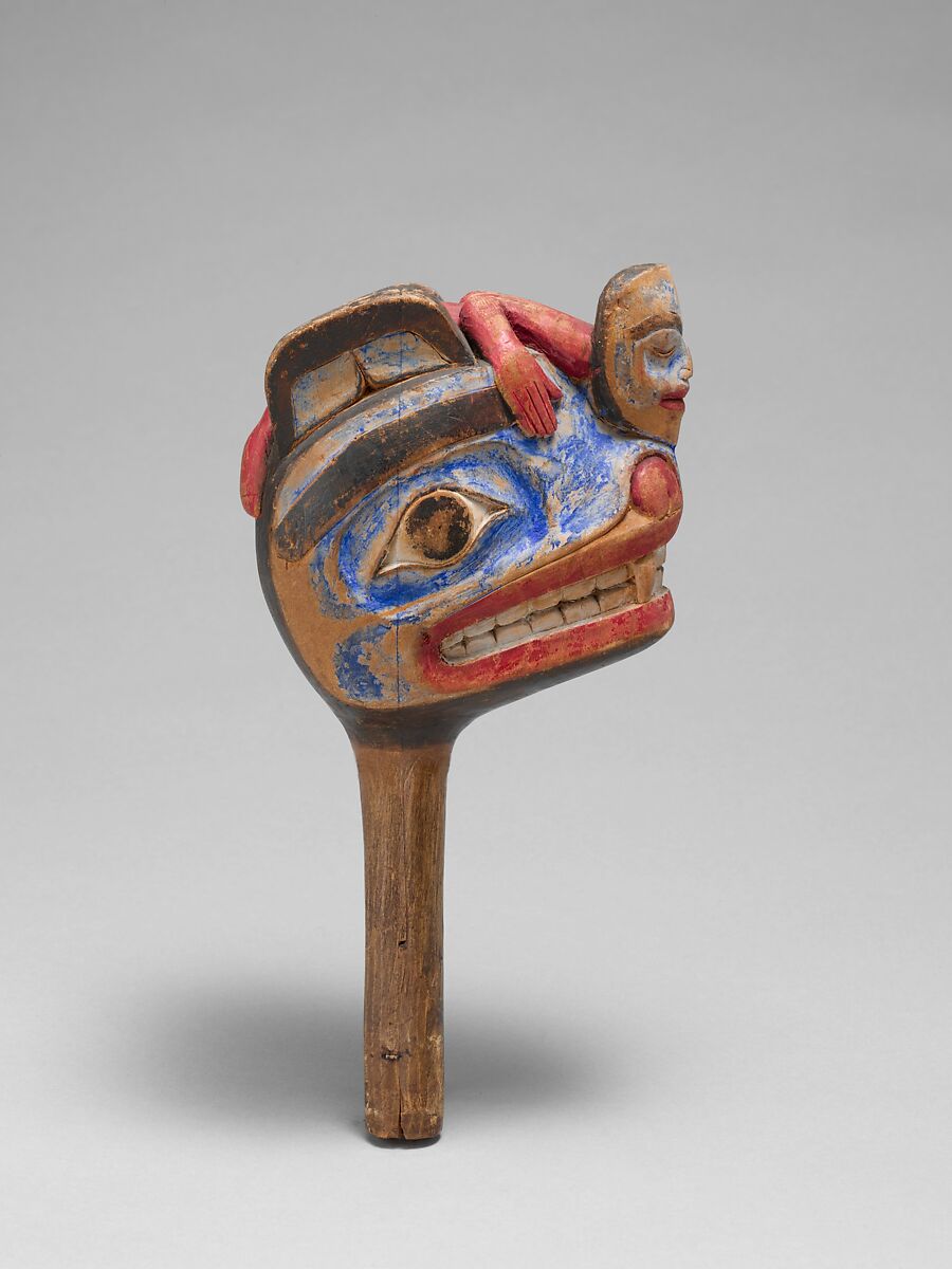 Rattle, Wood, pebbles, polychrome, Native American (Skittagetan or Haida) 